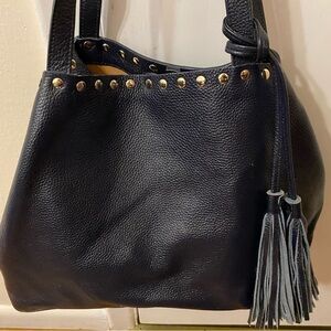 Laggo Remy Navy Pebbled Leather Tote Bag Gold Plated Studs Front Tassels Classic